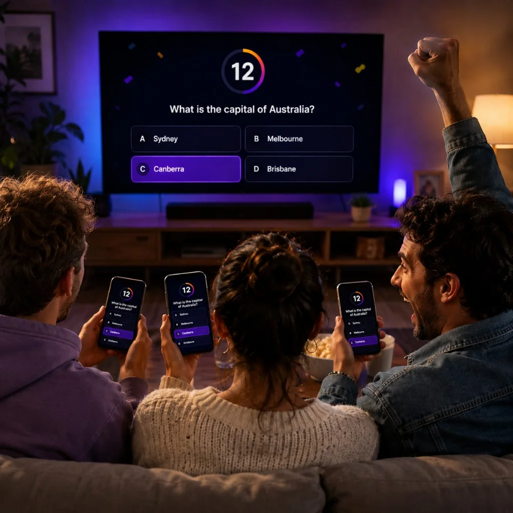 Des amis jouent à un quiz Toyo sur TV avec leurs téléphones comme manettes