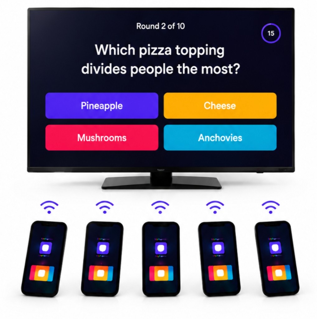 TV trivia game with phones as controllers