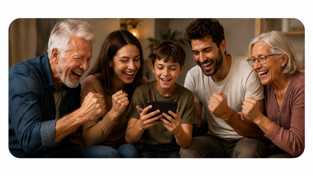 Multi-generational family cheering while playing on a phone