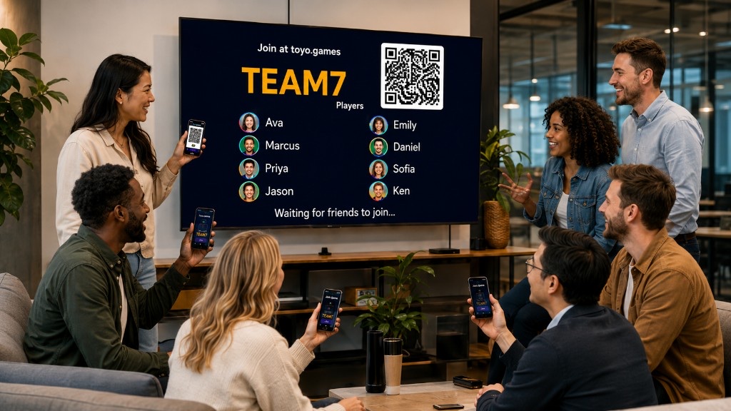 Team gathered in the office playing Toyo on TV with phones