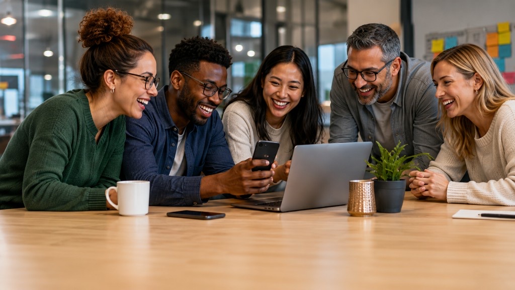 Colleagues laughing together while playing Toyo at work